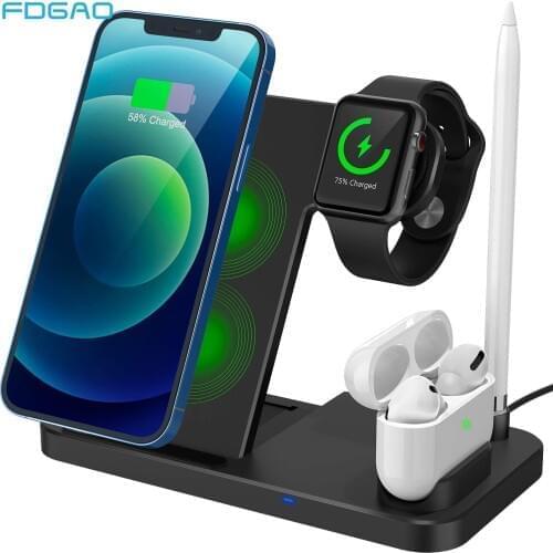 Foldable Wireless Charging Station 4 in 1 Qi Fast Charger Stand Dock for iPhone 12 11 XS XR X 8 Apple Watch 6/SE/5/4AirPods Pro