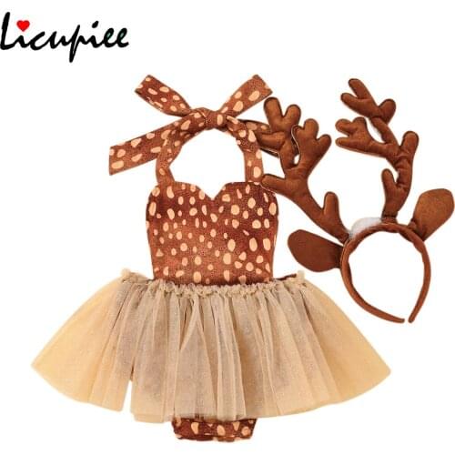 Infant Christmas Romper Toddler Cotton Mesh Patchwork Halter Jumpsuit Sleeveless Deer Print Playsuit Romper + Antler 0-24 Months