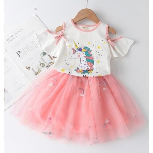 Girls Dress Clothing Sets 2021 New Summer Cute Princess Girl Cartoon T- Shirt + Gauze Dress 2PCS Set Girl Baby Suit 3-7T