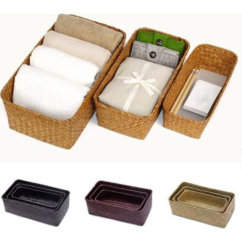 Handmade Woven Storage Boxes Straw Storage Baskets Rectangle Cosmetic Gadgets Toys Basket Container Home Bathroom Organization