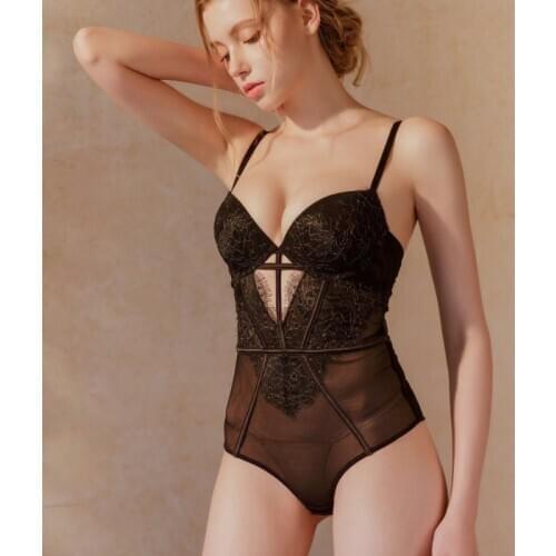 Lace Push Up Teddies with Cup Sexy Teddies Lingerie With Steel Stones Lace Mesh Transparent Bodysuit Women Bustiers Underwear