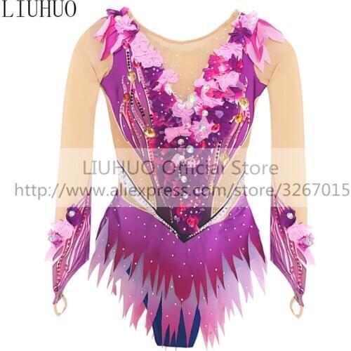LIUHUO Womens Girls' performance Rhythmic gymnastics competition Leotard Artistic Costume Ice Skating Dress Purple Flowers Kid
