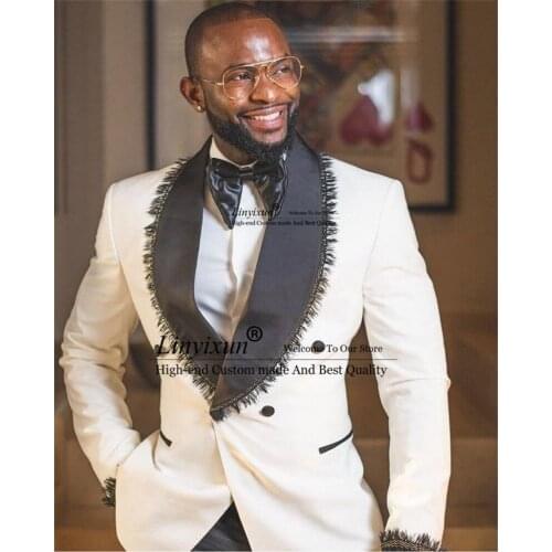 Costume Homme Ivory Men Suits Slim Fit Black Shawl Lapel Burr Wedding Groom Tuxedo Terno Masculino Blazer 2 Pieces (Jacket+Pant)