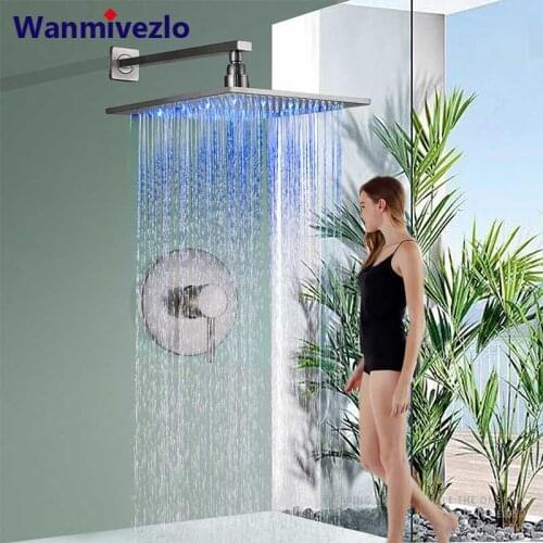 Wall Mount Bathroom Rain Shower Faucets Set Concealed LED Light Nickel Shower System Bathtub Shower Mixer Faucet Tap Mixer Valve