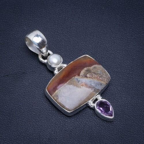 Natural Dragon Septarian,River Pearl&Amethyst Handmade Unique 925 Sterling Silver Pendant 1.75" B3160