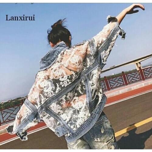 Autumn Fashion Streetwear See Through Lace Patchwork Denim Jacket Women Stylish Jean Coat