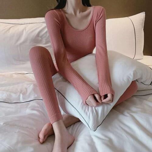Autumn Women Long Sleeve Blouse Pants Skinny Thermal Underwear Set Home Outfit