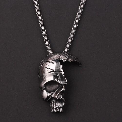 Half Broken Damaged Face Skull Pendant Necklace Punk Style Mens Fashion Biker Rock Jewelry Antique Silver Color Halloween Gift