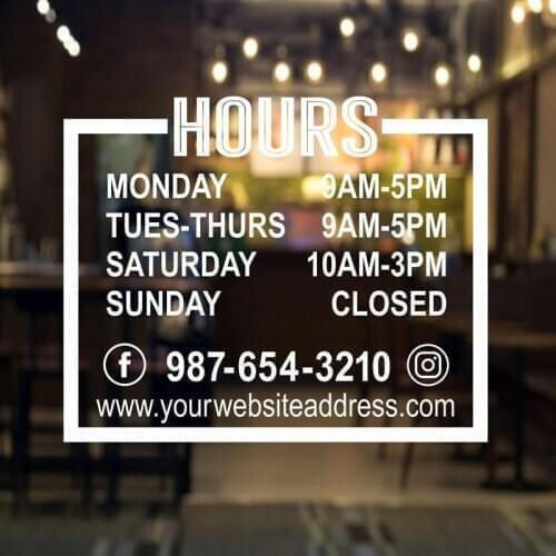 Store Hours Decal, Salon Coffee Shop Storefront Window Sign, Social Media Phone Website, Business Open Hours Vinyl Sticker E502