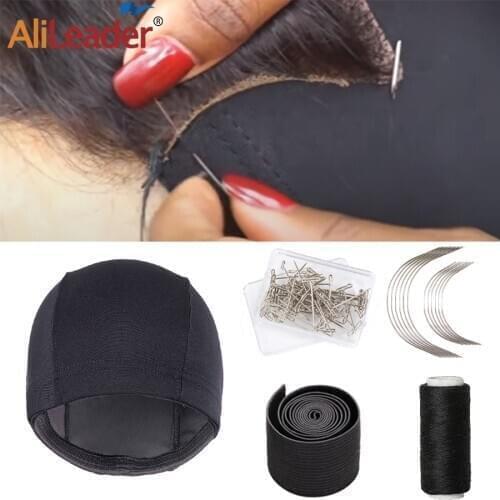 Alieader Adjustable Wig Elastic Band Black Mesh Dome Caps With Wig Sewing Weave Thread And Needle For Making Wig Accessories