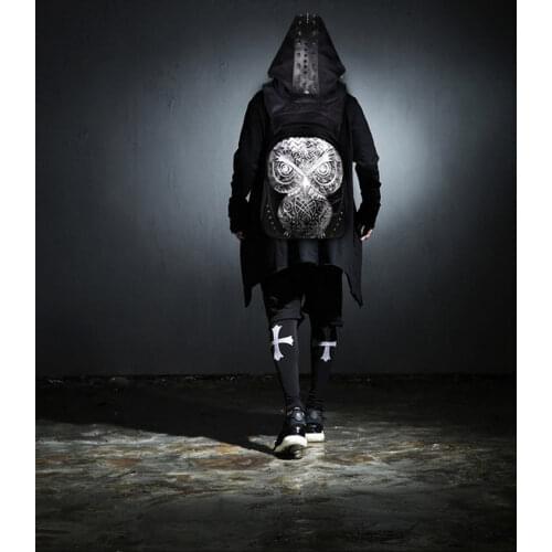 2018 Fashion Personality Owl Embossing knife leather backpack rivets backpack with Hood cap apparel bag cross bags hiphop man
