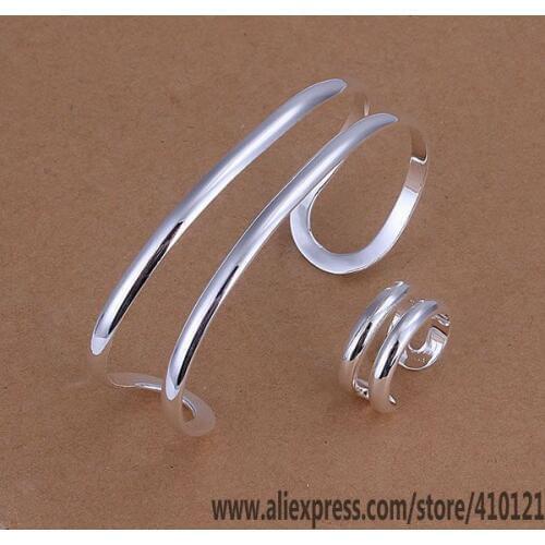 S233 Hot Sale High Quality Silver Color Fine Jewelry Sets,Wholesale Jewelry Elegant Charms Fashion Dual Strands Ring Bangle