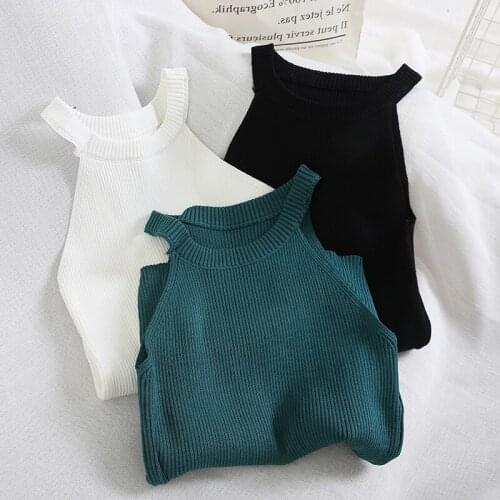 Top Women Crop Tops Knitted Off Shoulder Sexy Tank Tops Female Solid O-Neck Stretchy Crop Top 2020 Summer Tops For Women camis