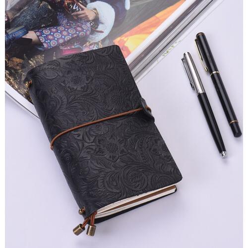 Vintage Full Grain Leather Refillable Travel Journal Notebook Diary Embossed Flower Pattern Daily Notepad Cover with Elastic