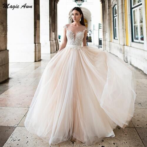 Magic Awn Light Champagne Boho Wedding Dresses 2021 Lace Appliques Illusion Princess Backless A-line Bride Dress Vestidos Boda