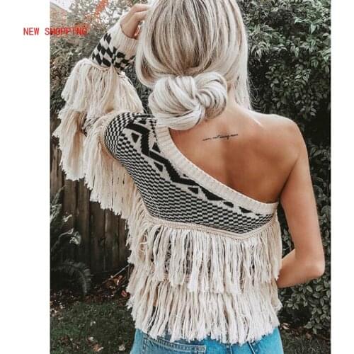 Women Fashion One Shoulder Sweater White Vintage Fringed Knitted Sweaters Sexy Loose Long Sleeve Tassel Pullover Tops Knitwear