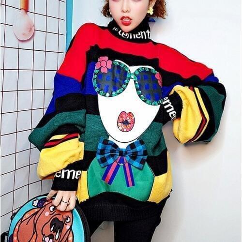 Womens Sweaters Cartoon Appliques Sequins Rainbow Stripped Oversized Sweater Loose Knitted Crochet Loose Casual Sweaters NS559