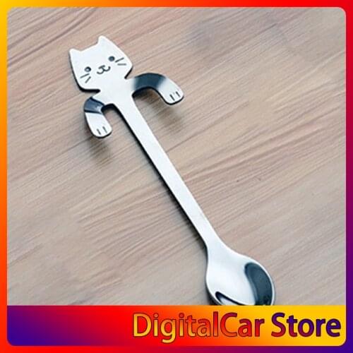 1pcs Cute Cat Spoons Long Handle Hanging Spoon Coffee Milk Stainless Steel Spoon Flatware Kitchen Tools for Kids Gifts