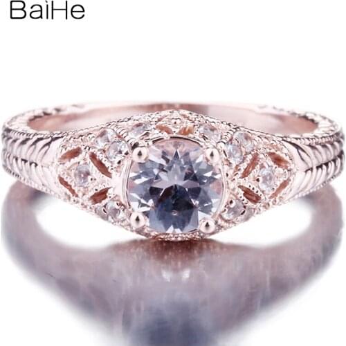 BAIHE Solid 14K Rose Gold 0.7CT H/SI Round Morganite Engagement Gift Fine Jewelry Women Trendy Morganite Ring
