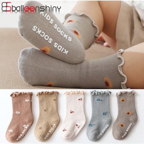 Balleenshiny Kids Socks Baby Solid Cotton Candy Colors Warmers Socks for Boys Girls Anti-slip Baby Socks With Floral Wood Ears