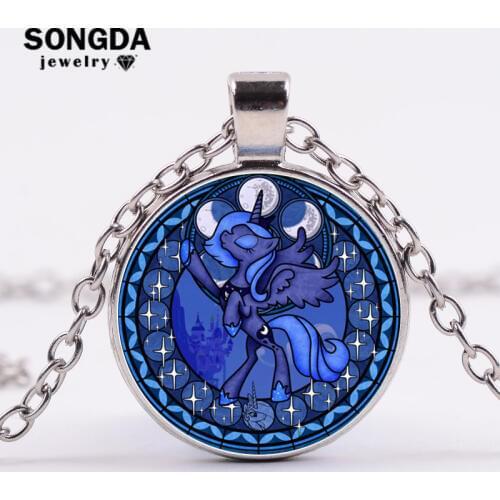 SONGDA My Little Horse Baoli Poni Necklace Princess Luna Magic Rainbow Horse Glass Cabochon Time Gem Long Necklace for Baby Girl