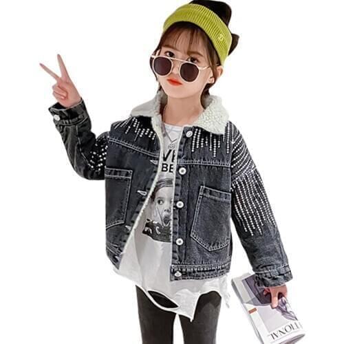Girls Denim Jacket Sequin Coat For Girls Patchwork Outerwear For Children Casual Style Childrens Clothing Girl 6 8 10 12 14