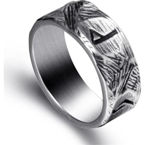 Elfasio Mens Viking Rings Band Stainless Steel Norse Rune Odin Scandinavian Text Symbol Vintage Ring Jewelry Size 8-13