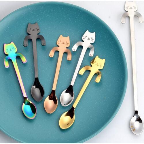 2PC 304 Stainless Steel Coffee Spoon Mini Spoon Cute Cartoon Spoon Cat Handle Hanging Spoon Kitchen Supplies A Variety of Colors
