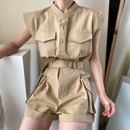 Korean Chic Retro Temperament Open Line Design Stand-Up Collar Single-Breasted Lace-Up Waist Tooling Overalls Playsuits Jumpsuit