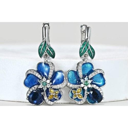 Creative Jewelry Women Elegant Butterfly Flower Silver Drops Earrings Deep Blue Enamel Crystal Wedding Bridal Dangle Earrings