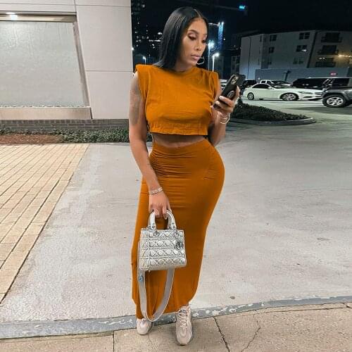 Summer Tracksuit Solid Sleeveless Loose Tank Tops and High Waist Bodycon Long Skirt for Women Fashion Sexy 2 Piece Club Outfit