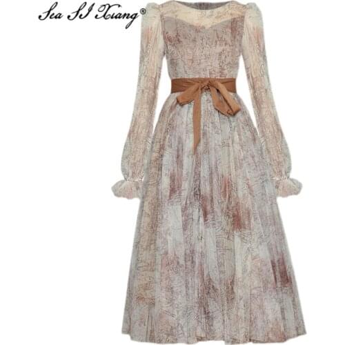 Seasixiang Fashion Designer Spring Dress Womens Lace-Up O-Neck Flare Sleeve Vintage Print Mesh Dresses