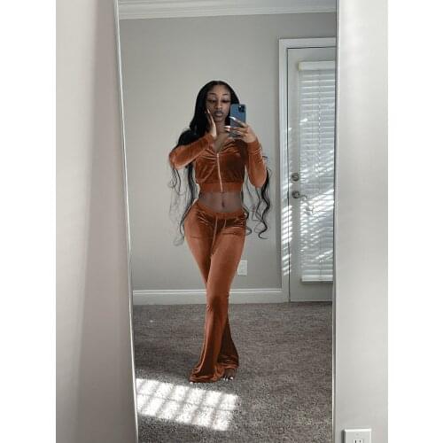 MUDAN Korean Velvet Solid Color Long-Sleeved Sexy Navel Casual Sports Suit Two-Piece Suit