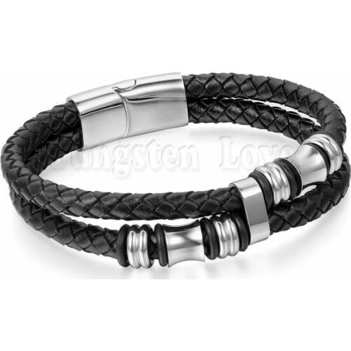 Black Double Layer Braided Leather Bracelet Men Stainless Steel Bracelets Bangles with Magnetic Buckle pulseira masculina couro