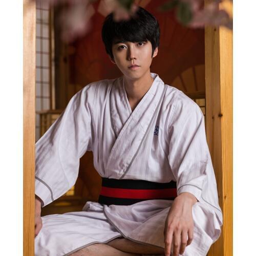 Traditional Japanese Solid Color Kimono with Belt Mens Pure Cotton Bath Robe Yukata Male Vintage Cosplay Evening Clothes W034