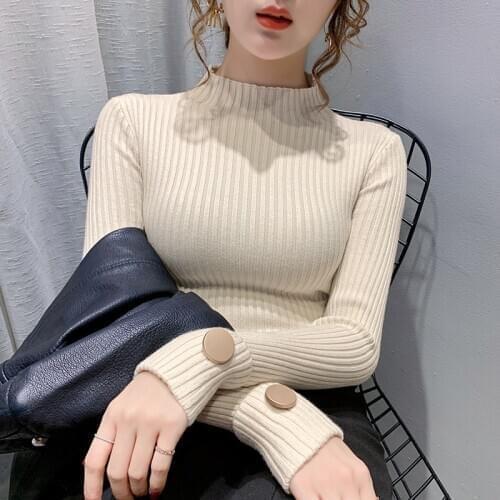 2020 New Knitted Sweater Half-high Turtleneck Solid Long Sleeve Pullovers Slim Fit All-match Korean Chic Woman Sweaters