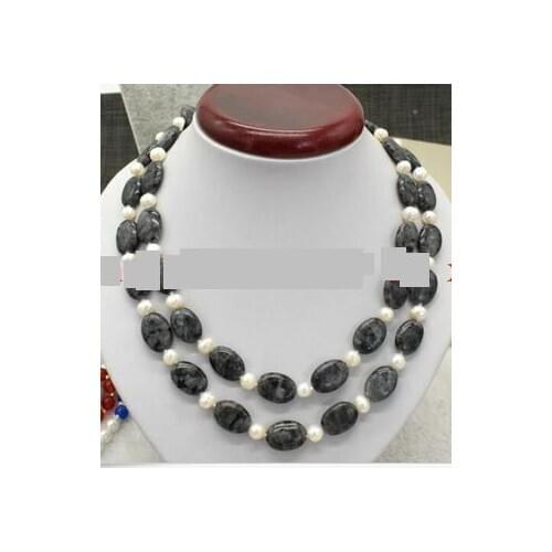 13x18mm Oval Blue Aquamarine+White South Sea Pearl 2 Row Necklace Earring Set