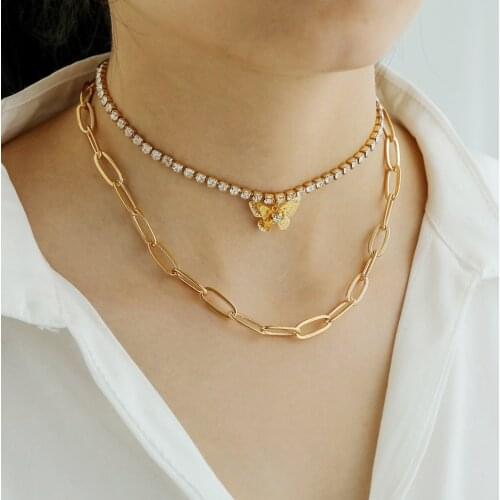 Women Girls Layer Necklace Set Thick Rhinestone Butterfly Pendant Choker Necklace Chain Necklace Jewelry Accessories