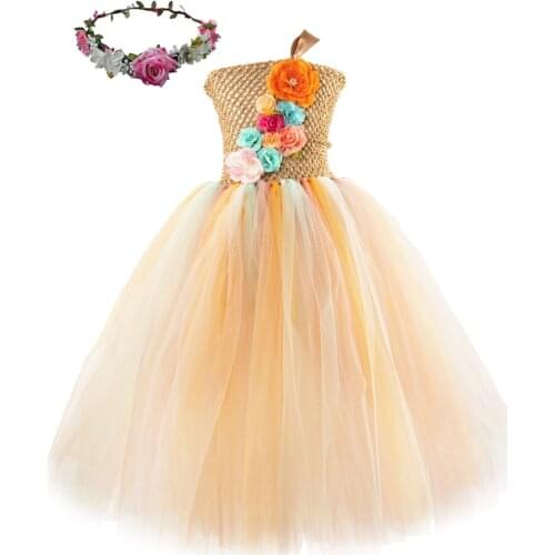 Flower Girl Tutu Dress Long Princess Fairy Costumes for Kids Girls Floor Tulle Dresses with Garland for Wedding Birthday Party