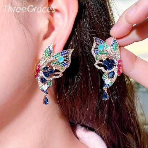 ThreeGraces Exquisite Multicolor Cubic Zirconia Big Dangle Butterfly Earrings for Women New Trendy Wedding Costume Jewelry ER624