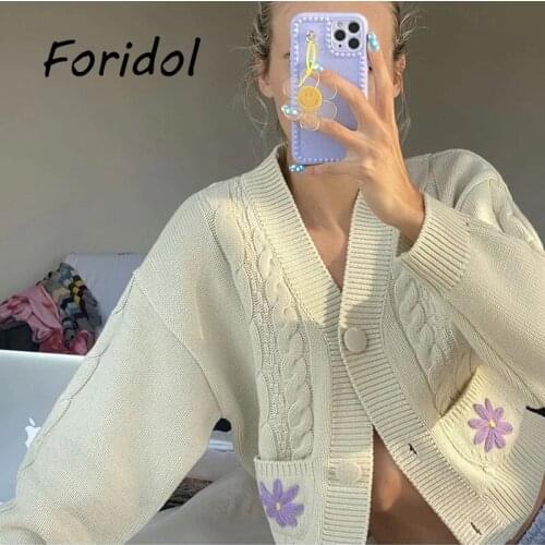 Flower Crochet Knitted Cardigan Sweater Women Casual Oversized Sweater Cardigan Vintage Lantern Sleeve Jumper Top Autumn Winter
