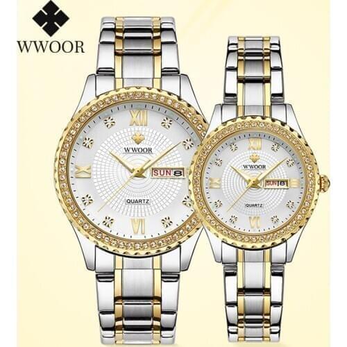 WWOOR 2021 Couple Watch Luxury Brand Fashion Diamond Stainless Steel Men and Women Quartz Pair Lovers Watch Gift Relogios Casais