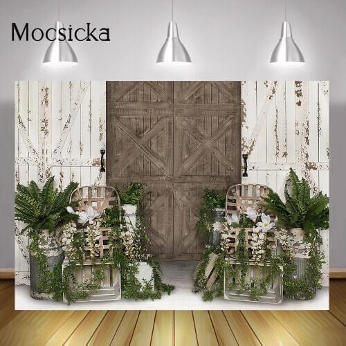 Green Spring Floral Portrait Backdrop Photo Studio Rustic Wood Wall Kids Birthday Art Background Retro Door Easter Photography