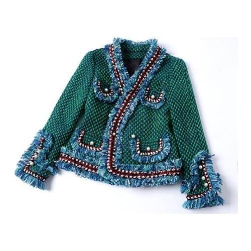 ElfStyle Fashion Style Runway Green Tweed Fringe-trim Long Flared Sleeves Jacket Ladies/Womens And Pockets With Pearls Detail