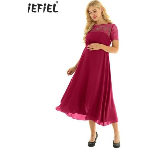Womens Elegant Maternity Dresses High Waist Short Sleeves Dress Floral Lace Insert Casual Chiffon Pregnant Dress for Photo Shoot