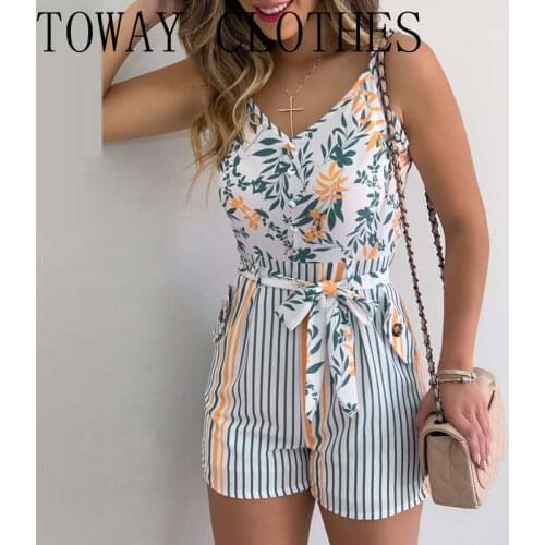 2021 Summer Women Elegant Vacation Print Knotted Front Casual Rompers Strap Sleeveless Overalls Jumpsuits