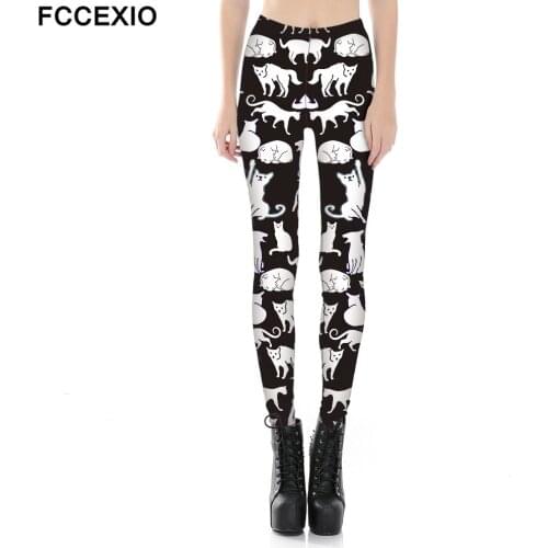 FCCEXIO Jogging Pants Women White Cat Print High Quality Black Leggings Fashion Elastic Pants Sporting Fitness Leggins Seamless