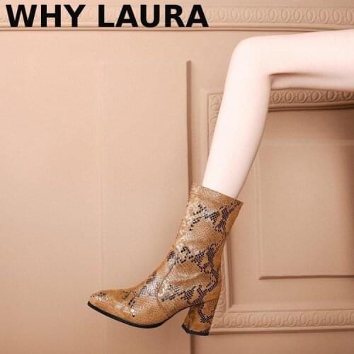 Snakeskin wild winter womens warm ankle boots PU leather womens zipper boots plus size comfortable thick heel womens fashion