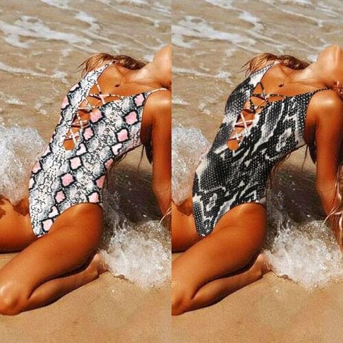 Sexy Solid One Piece Swimsuit Women Push Up Lace Up Bodysuit Deep V Neck Snakeskin Leopard Print Backless Bathing Suit Swimwear