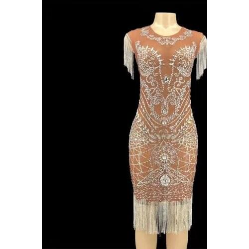 Women Birthday Celebrate Rhinestones Chain Short Dress Crystals Singer See Through Stage Wear Evening Gown Party Birthday Dress